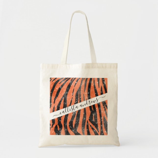 Glamouröser Schwarzer Orange Glitzer Tiger Streife Tragetasche (Vorne)
