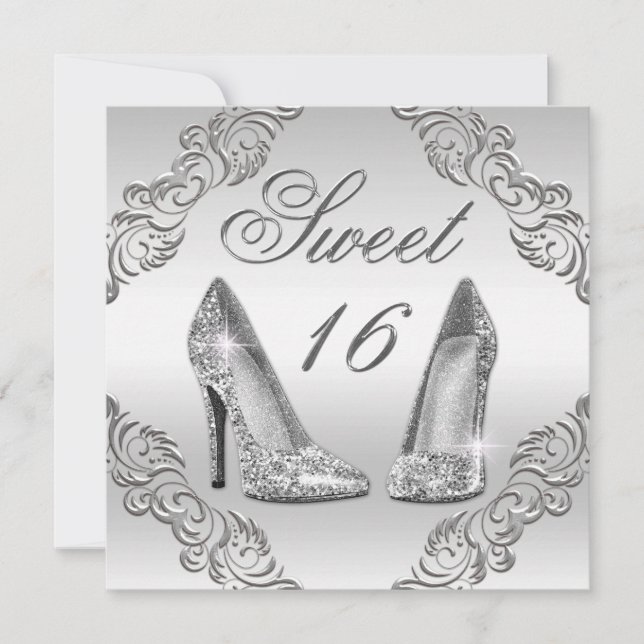 Glamouröser Silber Glitzer High Heels Sweet 16 Einladung (Vorderseite)