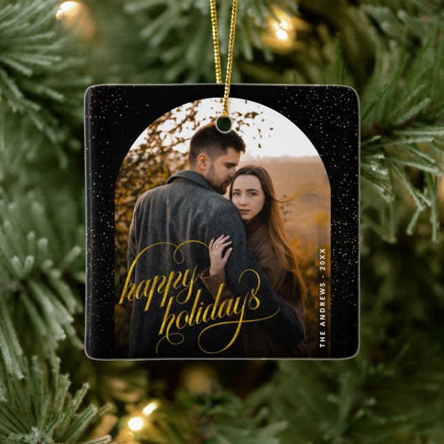 Glamouröses Black & Gold Glitzer Holiday Arch Foto Keramikornament (Baum)
