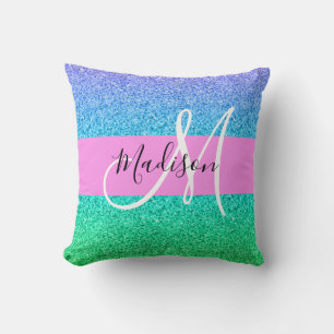Glamouröses Blau Grün Glitter Funkeln Gradient Mon Kissen