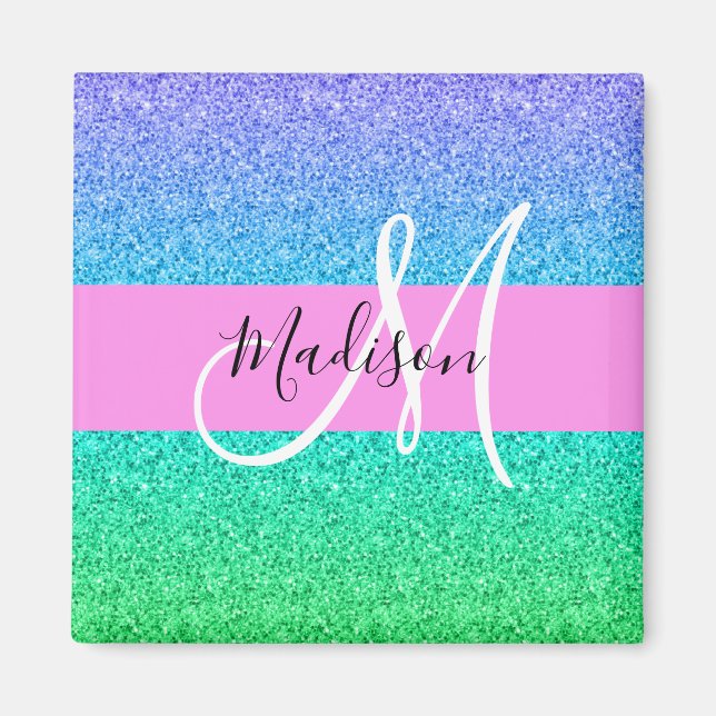 Glamouröses Blau Grün Glitter Funkeln Gradient Mon Magnet (Vorne)