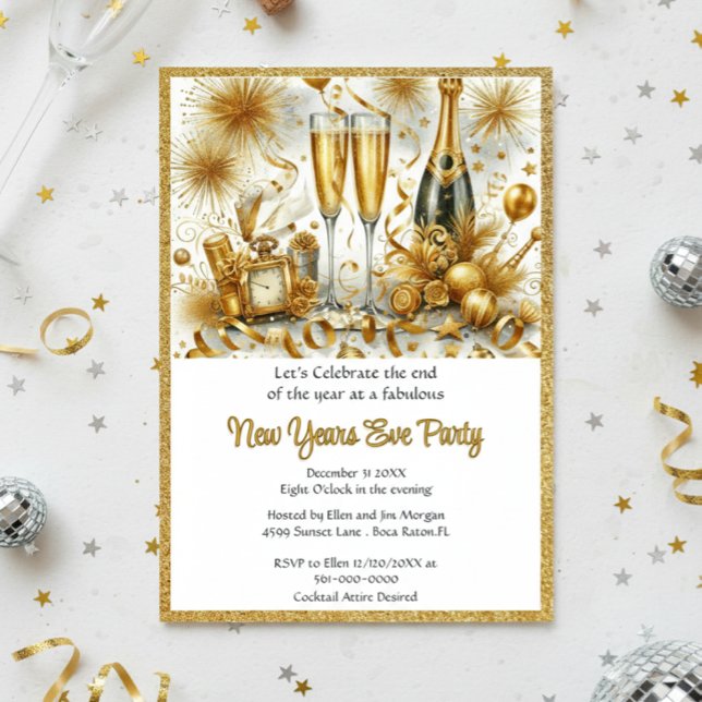 Glamouröses Gold im Silvesterfest-Party Einladung (Elegant Gold Glitter New Years Eve Party Template Invitation )