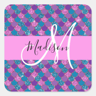 Glamouröses Lila-Meerjungfrau-Glitzer-Monogramm-Na Quadratischer Aufkleber