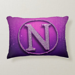 Glamouröses lila N Monogramm Diamant Glitter Kreis Dekokissen