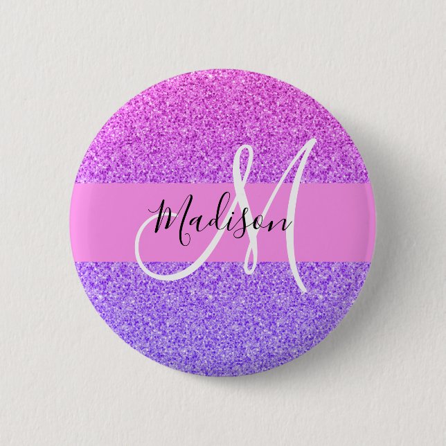 Glamouröses Lila Rosa Glitter Funkeln Gradient Mon Button (Vorderseite)