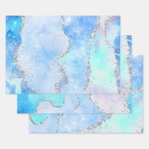 Glamouröses Pastellblau und Silber-Glitter-Achat Geschenkpapier Set