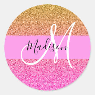 Glamouröses Pink & Gold Glitter Funkeln Gradient M Runder Aufkleber