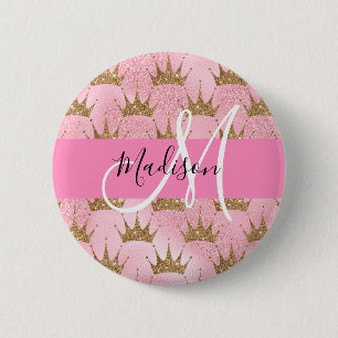 Glamouröses Pink & Gold Glitter Funkeln Kronen Mon Button