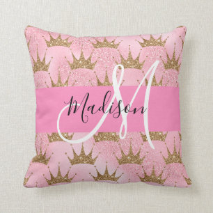 Glamouröses Pink & Gold Glitter Funkeln Kronen Mon Kissen