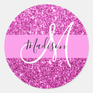 Glamouröses Pink & Magenta Glitter Glanz Monogramm Runder Aufkleber