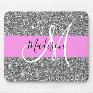 Glamouröses Pink & Silber Glitter Funkeln Monogram Mousepad