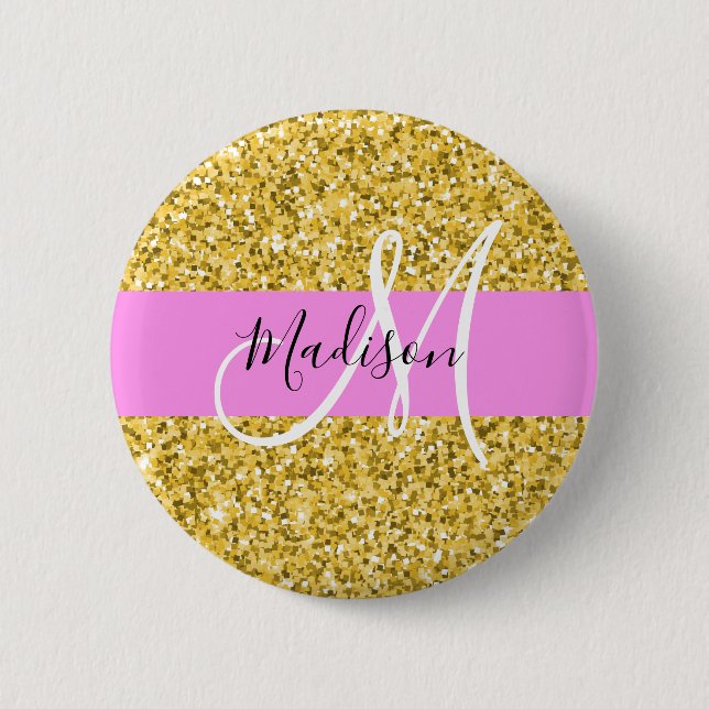 Glamouröses Pink und Gold Glitter Funkeln Monogram Button (Vorderseite)