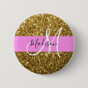 Glamouröses Pink und Gold Glitter Funkeln Monogram Button