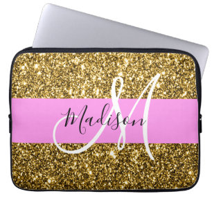Glamouröses Pink und Gold Glitter Funkeln Monogram Laptopschutzhülle