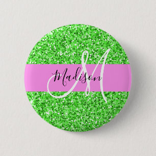 Glamouröses Pink und Grün Glitter Funkeln Monogram Button