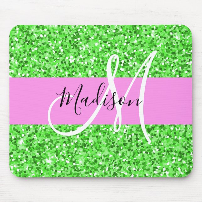Glamouröses Pink und Grün Glitter Funkeln Monogram Mousepad (Vorne)