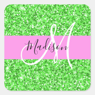 Glamouröses Pink und Grün Glitter Funkeln Monogram Quadratischer Aufkleber