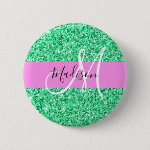 Glamouröses Pink und grüner Glitterfunk Monogramm  Button