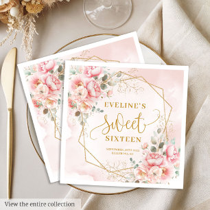 Glamouröses Puderrosa Gold Blumen Sweet Sixteen Serviette
