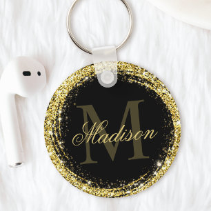 Glamouröses schwarzes Gold-Glitter-Monogramm-Namen Schlüsselanhänger