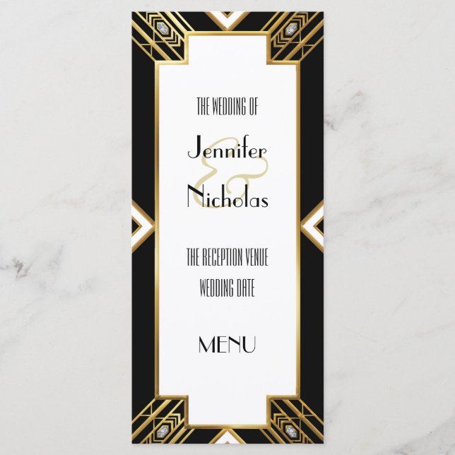 Glamourous Art Deco Geometrisches Menü für Hochzei Menükarte (Vorderseite)