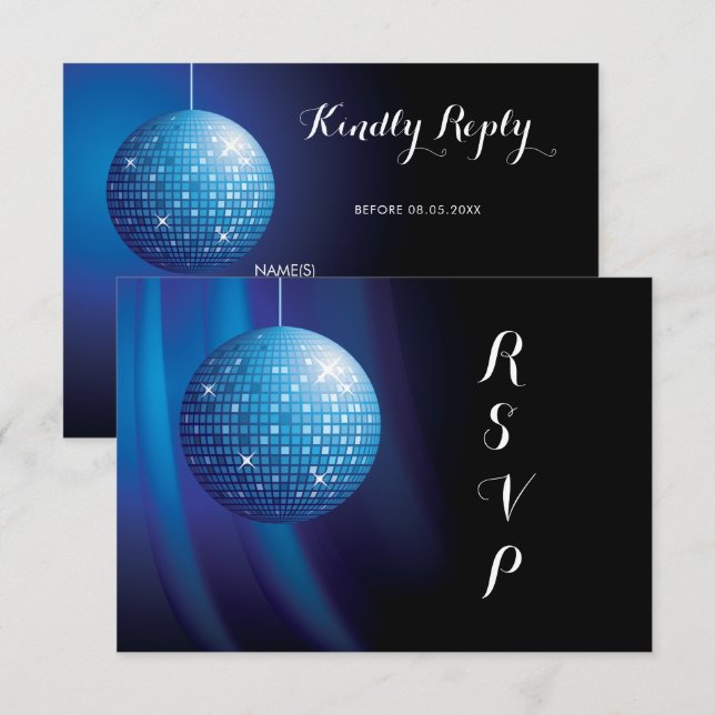 Glamourous Birthday Blue Party Diskothek Ball RSVP Karte (Vorne/Hinten)