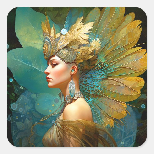 Glamourous Fairy Woman Fantasy Art Quadratischer Aufkleber (Vorderseite)