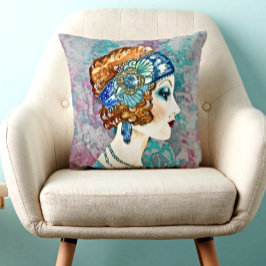 Glamourous Flapper Girl Grau Aquamarine Rose Rever Kissen