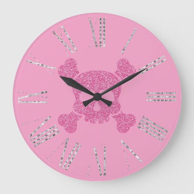 GlamourPink Glitzer Skull und Crossbones Große Wanduhr (Vorderseite)