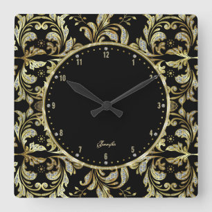 Glamours Schwarz, Gold und Weiß Glitter Quadratische Wanduhr