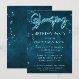Glamping Birthday Party | Dark Neon Blue Aquamarin Einladung