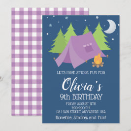Glamping Lila kariertes Camping Sleepover Geburtst Einladung