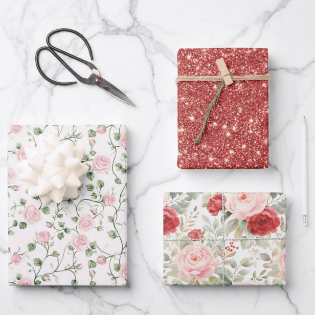 Glänzend Rosa Rote Rosen Florale Brautparty Geschenkpapier Set (Vorderseite)