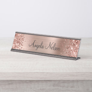 Glänzende falsche Roségoldfolie Name Schreibtischnamensplakette