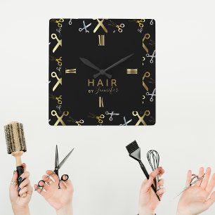 Glänzende Gold- und Silberschere Muster Friseur  Quadratische Wanduhr