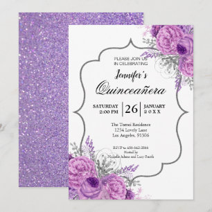 Glänzende lila Floral Quinceanera-Einladung Einladung