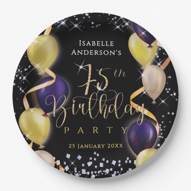 Glänzende Luftballons 75. Geburtstag Schwarz Pappteller (Vorderseite)