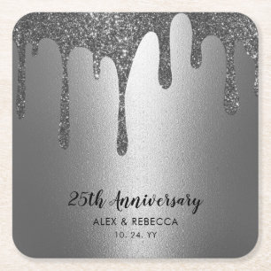 glänzende Metallic Silver Tropfen 25 Jahre Jubil Rechteckiger Pappuntersetzer
