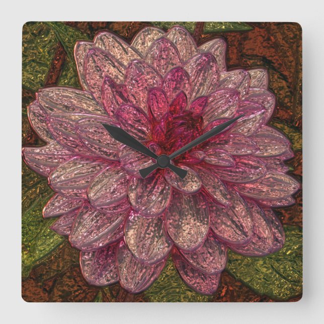 Glänzende metallizer Rosa-Blumenglaswanduhr Quadratische Wanduhr (Vorderseite)