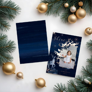 Glänzende Navy Gold Schneeflocken Rentiere & Juwel Folien Feiertagskarte