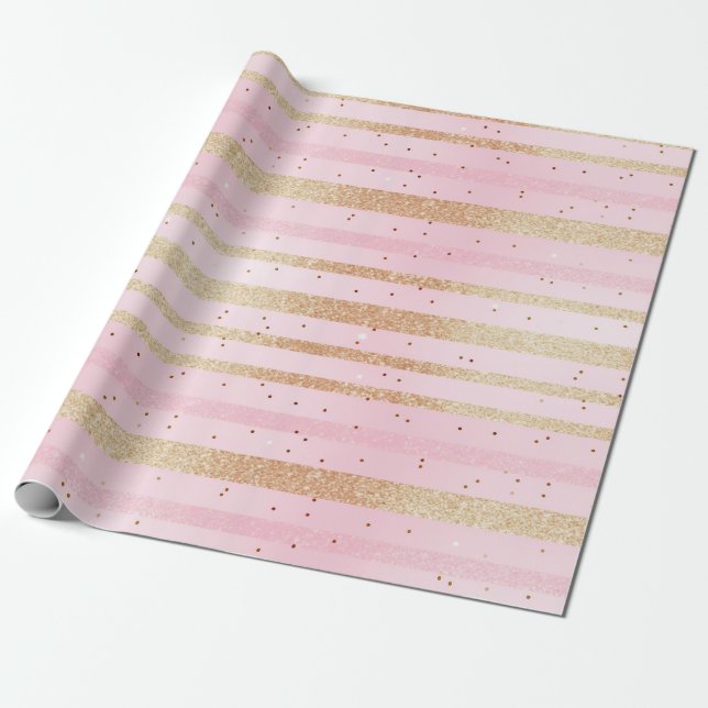 glanzende rosa und goldene Streifen Geschenkpapier (Ungerollt)