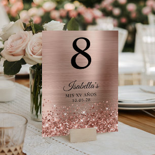 Glänzende Roségoldfolie Mis XV Anos Tischnummer