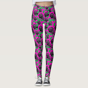 Glänzende schwarze Rosen auf einem heißen rosa Hin Leggings