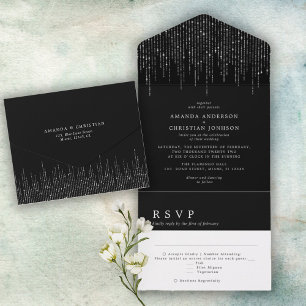 Glänzende Silber-Schwarz-Weiße Moderne Hochzeit  All In One Einladung