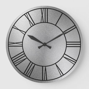 Glänzende Silberfolie mit schwarzen römischen Ziff Große Wanduhr