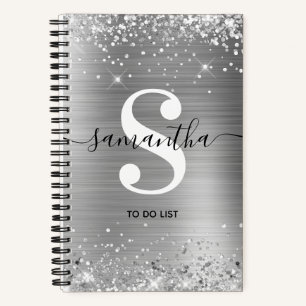 Glänzende Silberfolie-Signatur-Monogramm-To-Do-Lis Notizbuch