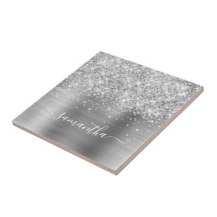 Glänzende silberne feminine Kalligrafie-Signatur Fliese