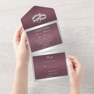 Glänzende Silberringe & Burgunder Hochzeit All In One Einladung