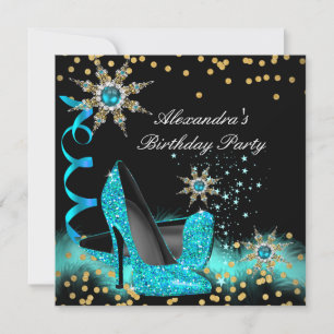 Glänzende Türkisblaue High Heels Schwarze Geburtst Einladung