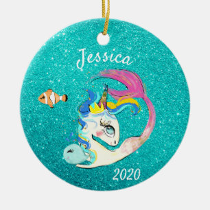 Glänzende Türkise Meerjungfrau-Einhorn Personalisi Keramik Ornament